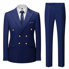 A navy blue double-breasted suit set featuring gold buttons, a white shirt, and a patterned tie.