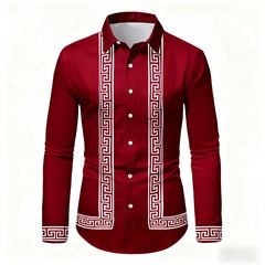 Men's Retro Geometric Print Long-Sleeve Shirt, Stylish Black and White Color-Blocked Slim Fit Shirt, Casual and Versatile Top