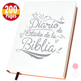 A white Bible study journal with grey decorative text and a dark ribbon bookmark.