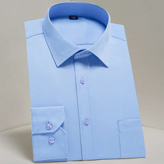 A light blue long-sleeve button-up dress shirt with a square collar and a chest pocket.