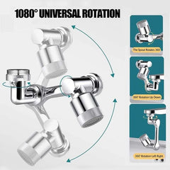 A chrome-finished faucet extender with three adjustable joints for multi-directional water flow.
