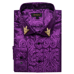 Men's Patterned Brocade Shirt with Gold Crown Collar Accents: Perfect for Luxury Galas, Formal Weddings