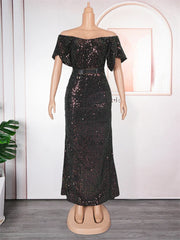 A floor-length black sequin mermaid dress with off-shoulder petal sleeves and a waist belt.