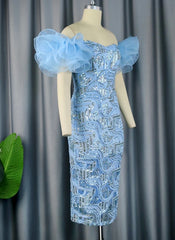 Customize Sequins Dresses Off Shoulder Embroidery Flower Bodycon Glitter Evening Cocktail Wedding Party Midi Gowns for Ladies