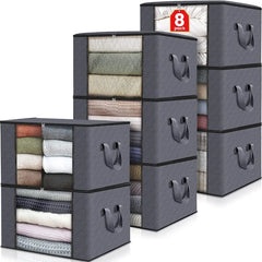 A stack of eight grey foldable storage boxes with clear windows and side handles.