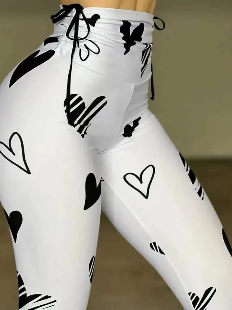 Daily Women Fashion Tights Pants Summer New Casual Heart Drawstring Printed Yoga Exercise Hip Lifting Leggings Women's Versatile SHOWLU FASHION STORE