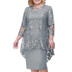 A grey knee-length dress featuring a lace overlay with floral embroidery and half sleeves.