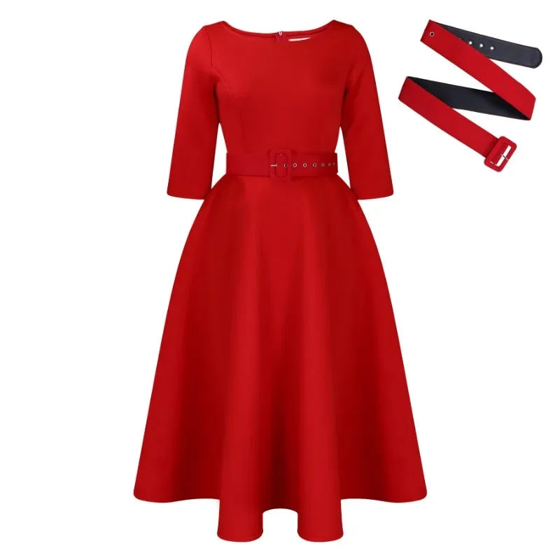A red A-line midi dress with three-quarter sleeves and a matching waist belt.
