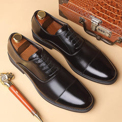 Mens Black Genuine Leather Cap Toe Lace Up Formal Business Office Groom Wedding Daily Wear Dress Shoes British Style Fashion