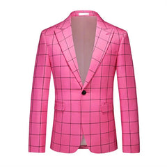 A bright pink single-breasted blazer for men featuring a black grid plaid pattern.
