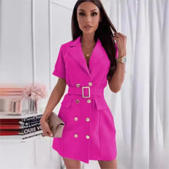 Elegant Office Lady Rose Red Mini Blazer Dress With Belt 2024 New Summer Fashion Double Breasted Short Sleeved Dress For Women SHOWLU FASHION STORE