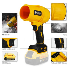 A yellow and black cordless handheld air blower compatible with Dewalt 20V batteries.