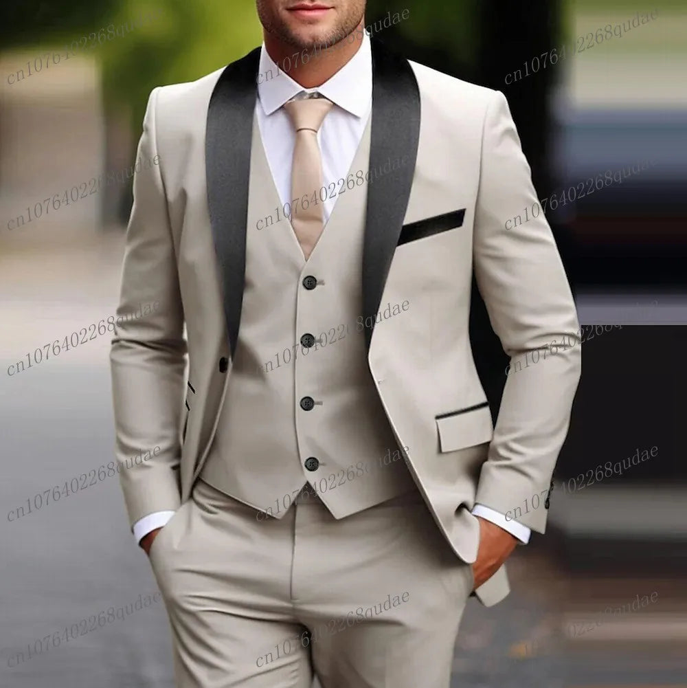 A three-piece white suit featuring a black shawl collar, a matching vest, and trousers.