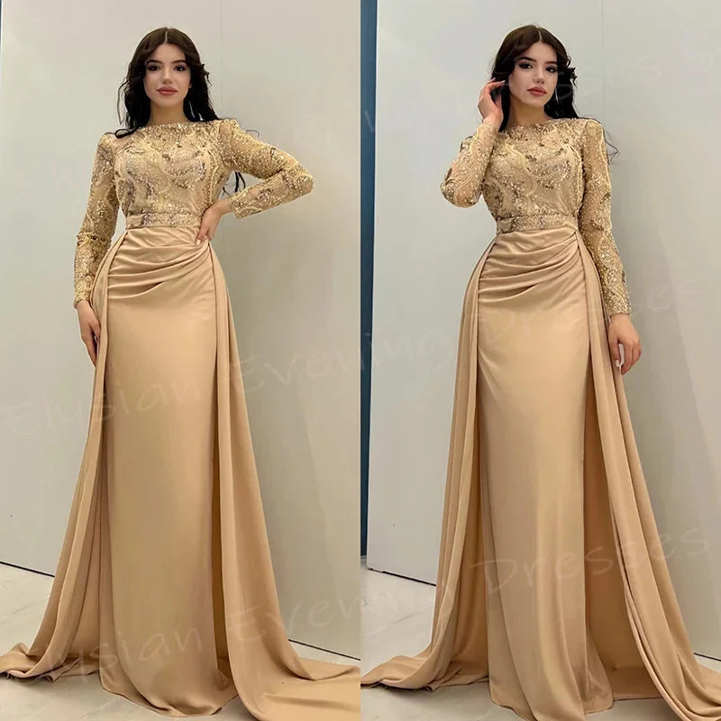 Luxurious Women's Mermaid Sexy Evening Dresses Classic O Neck Long Sleeve Customized Prom Gowns Beaded Pleated Vestido De Noche SHOWLU FASHION STORE
