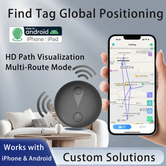 A hand holds a smartphone displaying a map tracking app next to a small, round black tracking device.