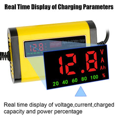 A yellow car battery charger with a digital display showing voltage and charging status.