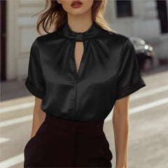 A black satin short-sleeve blouse with a stand collar and a keyhole cutout at the neckline.