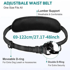 An adjustable black waist belt with lumbar support, a moveable D-ring, and a double D-ring.