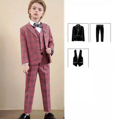 A boy wears a red plaid three-piece suit with a bow tie, shown alongside icons of the set pieces.