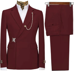 Men's slim fit 2-piece suit with metal clasp, stylish business casual tuxedo, shown in a modern, tailored fit with a sleek appearance.