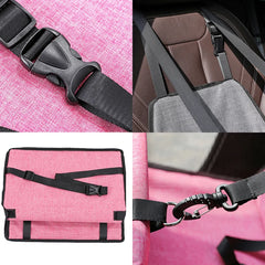 A pink foldable pet car seat carrier with adjustable straps and buckles for secure installation.