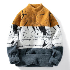 Mink Plush Thickened Round Neck Sweater New Men's Autumn Winter Loose Print Patchwork Fashion Knitted Sweater Long Sleeved Tops
