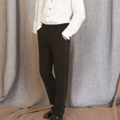 Black Men Pants with Side Satin Stripe One Piece Slim Fit Formal Male Trousers Official Fashion