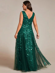 A plus size dark green sleeveless A-line evening dress with a V-neck and sequin leaf patterns.