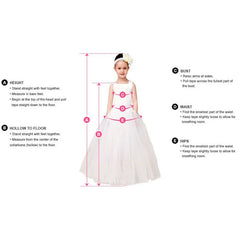 A diagram showing a girl in a white dress with measurement instructions for sizing.