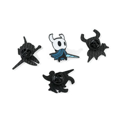 Four Hollow Knight enamel pins are displayed against a white background, showing both front and back views.
