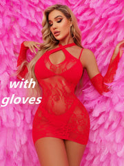 A woman wears a red, sleeveless, fishnet mini dress with matching long lace gloves.