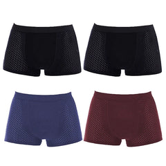 A set of four men's breathable mesh boxer briefs in black, blue, and maroon.