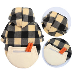 A plaid dog hoodie with a cream-colored zippered pocket containing two toy sausages.