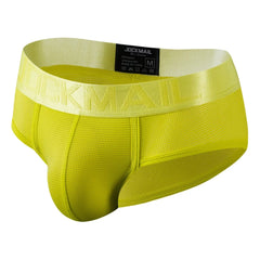 A pair of lime green JOCKMAIL men's mesh briefs with a branded elastic waistband.
