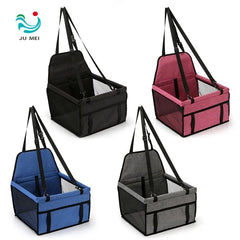 Four foldable pet car seats in black, pink, blue, and grey are displayed against a white background.