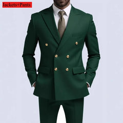 Men Double Breasted Suit Black Slim Fit High Quality Wedding Costume Party Prom Gold Button Male Suits