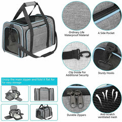 A grey, foldable soft-sided pet carrier with mesh windows, sturdy hooks, and durable zippers.