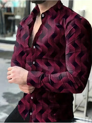 Men's Geometric Pattern Printed Shirt -3D Digital Printing Business Casual Long Sleeve,