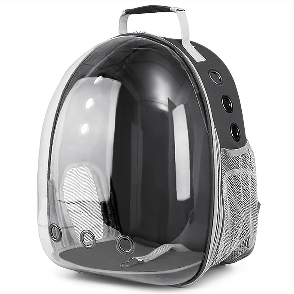 A transparent pet travel backpack with ventilation holes and a side mesh pocket.