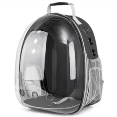 A transparent pet travel backpack with ventilation holes and a side mesh pocket.