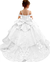 Customized Pink Flower Girl Dress For Wedding Bowknot Appliques Short Sleeve Floor Length Kids Birthday First Communion Gown