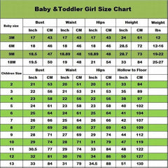 A size chart table for baby and toddler girl clothing showing measurements in inches and centimeters.