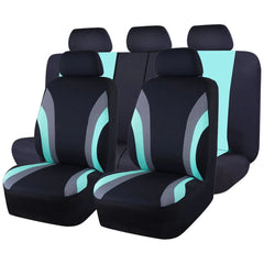 A full set of black, grey, and teal polyester car seat covers with a universal fit design.