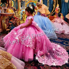 Customized Champagne Flower Girl Dresses For Wedding Appliques With Bow Elegant Princess Birthday Party First Communion Gown