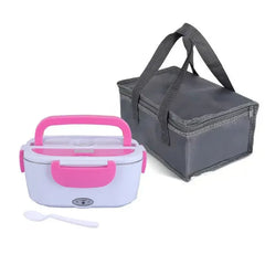 A portable electric lunch box with a pink handle and a matching grey insulated carrying bag.