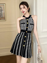 Women Retro Houndstooth Knit Mini Dress Summer Elegant Sexy Halter Gold Button Slim A-line Short Dresses Date Party Casual Daily