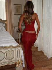 Women Summer Two Piece Set Gorgeous Red Strapless Corset - style Crop Top and Maxi Skirt Set With Rose Party Evening Prom Dress