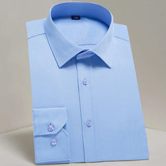 A light blue long-sleeve button-up dress shirt with a square collar and slim-fit design.