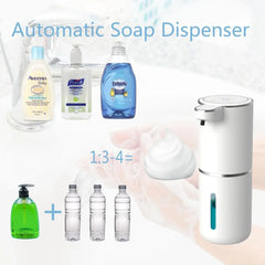 An automatic foam soap dispenser shown with a diagram illustrating a one to three soap-water ratio.