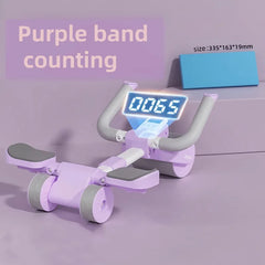 A purple four-wheeled abdominal fitness roller with a digital counter display.